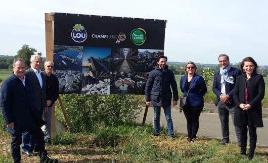 Sur le futur terrain d&rsquo;implantation de l&rsquo;entreprise, de gauche &agrave; droite : Beno&iuml;t ROZE (Lou L&eacute;gumes), Bruno LESTAS (Pr&eacute;sident de la CC du Bocage Mayennais), Marcel RONCERAY (Maire de Landivy), Fabrice CHAPUZET (Lou L&eacute;gumes), Emmanuelle ROZE (Lou L&eacute;gumes), Yannick FAVENNEC (D&eacute;put&eacute; du Nord Mayenne), Christelle MORANCAIS (Pr&eacute;sidente de R&eacute;gion)