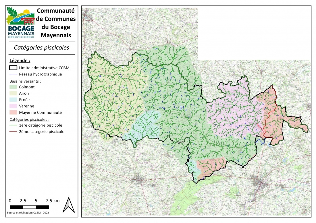 Carte des catégories piscicoles des rivières et ruisseaux du Bocage Mayennais